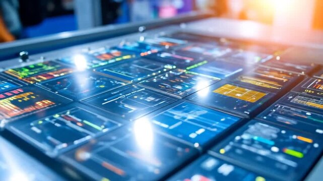 A close-up shot displays a sleek, futuristic interface with various data displays under bright sun. Displays feature graphs and charts