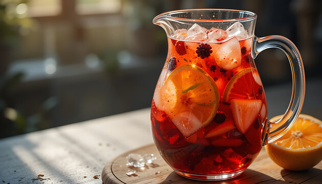 Vibrant red fruit-infused beverage with ice cubes and citrus slices in a clear glass pitcher, perfect for summer refreshment. - Powered by Adobe
