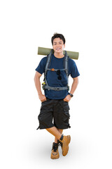 A young man with backpack ready to start trekking on png background 