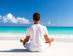 Fototapeta premium Back view of a person meditating on a beach