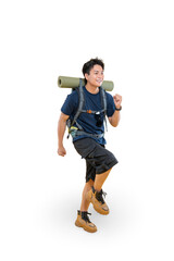 Fototapeta premium A joyful hiker with a backpack hiking, outdoors. The hiker wears trekking gear, walking on png background