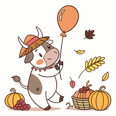 SVG art: A Bashful Cow in a Thanksgiving vibe with with a balloon, tinted with Harvest Blessings tones