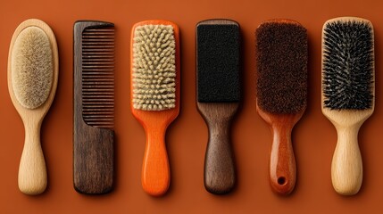 Various hair combs and brushes of different shapes and sizes arranged on orange background, showcasing diversity of haircare tools.