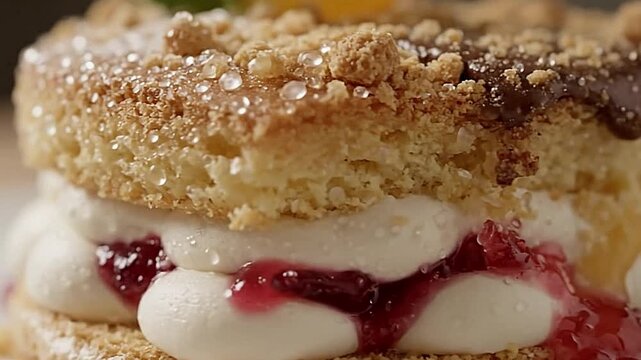Closeup of a layered dessert cake with cream jam and a crumbly topping adorned with sugar crystals and droplets