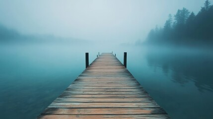 Fototapeta premium Serene Wooden Footbridge Leading To A Tranquil Lake Surrounded By Lush Forest On A Foggy Morning
