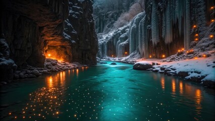 Magical frozen canyon with turquoise river and lanterns