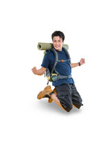 A happy hiker in excitement carrying a backpack on png background
