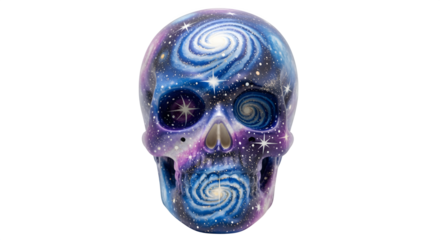 Ceramic skull painted with cosmic motifs, isolated on white background