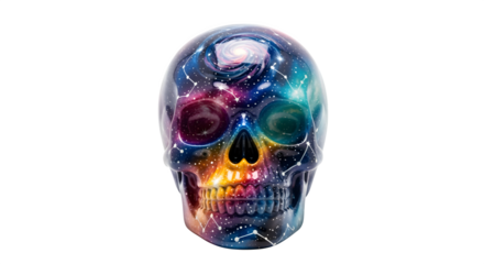Ceramic skull painted with cosmic motifs, isolated on white background