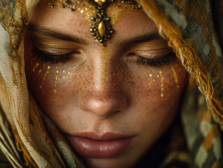 Golden Goddess: Freckles, Gold Makeup, Headscarf