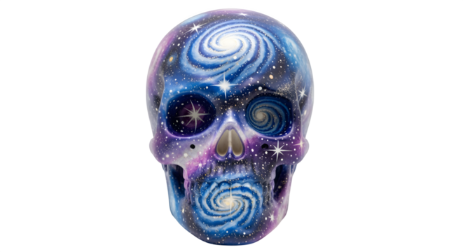 Ceramic skull painted with cosmic motifs, isolated on white background