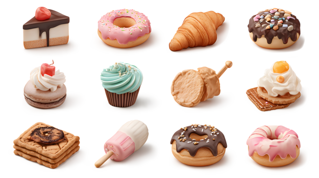 3D Sweet Food Icons Set Cake Sweets Lollipop Ice Cream Cookies Biscuits Croissant Donut Dessert UX UI Web Design Elements 3d rendering illustration