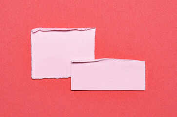 Two pink overlapping torn ripped blank paper notes with folded edge dog-ear earmark and copy space for text on red background