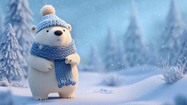 Cute animated polar bear wearing a blue knit hat and scarf exploring a snowy forest during gentle snowfall in a cozy wintertime scene