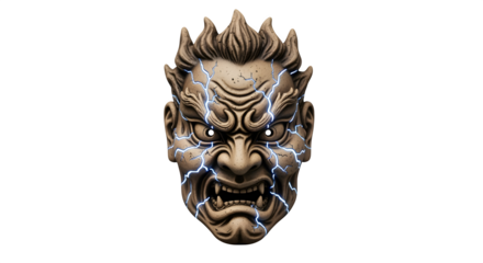 Clay mask of Raijin spirit with thunder cracks, isolated on white background