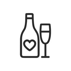 Minimal line icon of a wine bottle and glass with heart — symbolizing romantic dinner, celebration, or special date.

