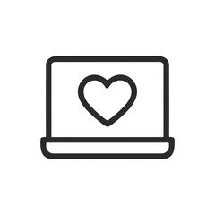 Black line icon of a laptop screen with heart — representing online dating, virtual love, or digital communication.
