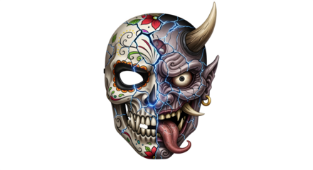 Cracked mask fusing calavera and yokai features, isolated on white background