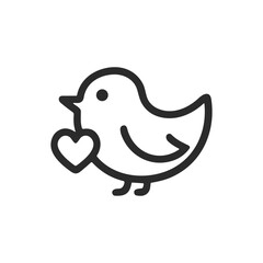 Minimal line drawing of a bird holding a heart — representing love messages, romance, or cute Valentine symbols.
