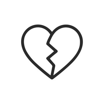 Black line icon of a cracked heart &mdash; symbolizing emotional pain, heartbreak, lost love, or romantic disappointment.
