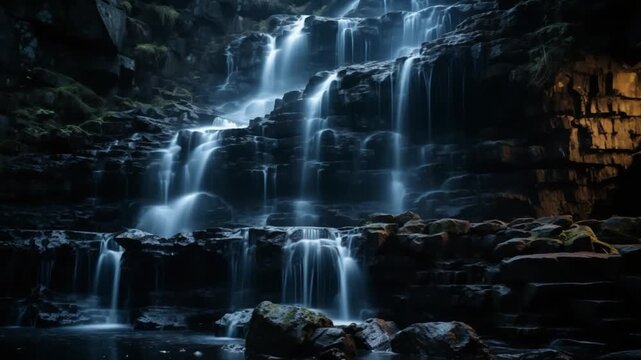 Water flows gracefully down multiple tiers of rocks, creating a serene atmosphere. The surrounding forest enhances the beauty as mist envelops the area, inviting exploration and peace