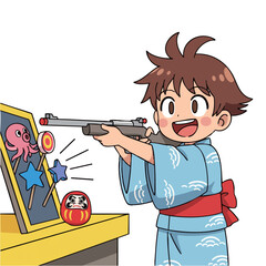縁日で射的を楽しむ子ども_夏の祭りアニメイラスト