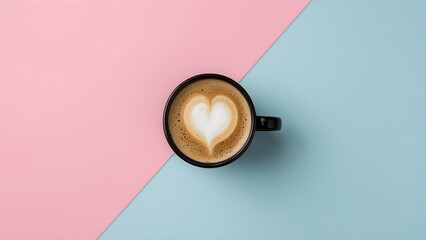 Top view of coffee cup with heart latte art on pink and blue background