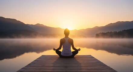 Woman meditates in lotus position on a dock at sunrise, overlooking a serene lake and mountains.