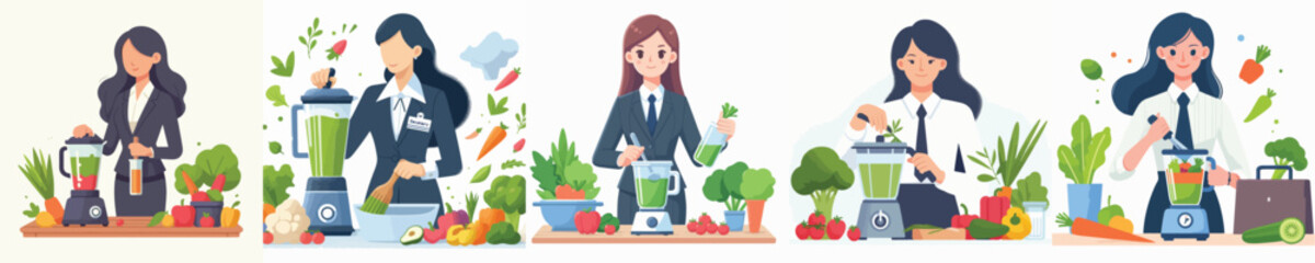 Vector character of a flight attendant blending vegetables