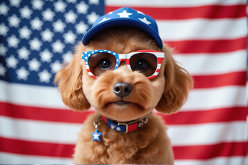 Patriotic Poodle in Festive Accessories – Dog with Star Sunglasses and American Hat Against Flag Background for Independence Day Celebrations, Family Portraits, and National Holiday Content