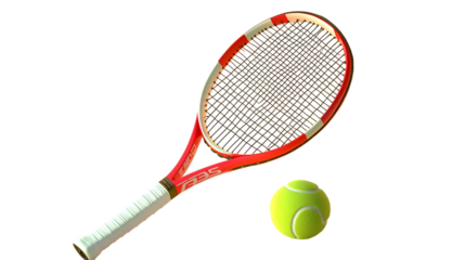 Close up of a red tennis racket and a yellow tennis ball isolated on transparent background
