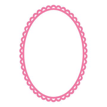 Retro simple pink oval frame. Fun vintage ellipse border with scallop edges. Text box cadre template. Vector illustration isolated on transparent background.