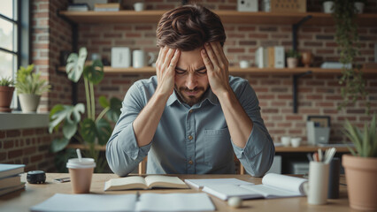 Workplace Stress Portrait - Man Massaging Temples at Cluttered Desk with Brick Wall Background for Mental Health Awareness, Burnout Prevention, and Productivity Management