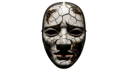 Creepy Noh mask with cracked surface, isolated on white background