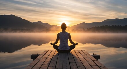 A person meditates on a wooden dock, facing a serene lake during sunrise.