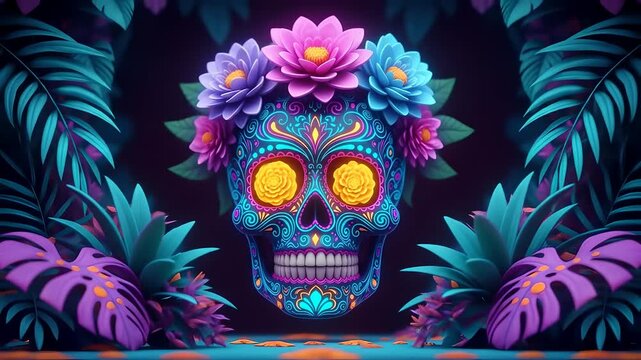 Vibrant sugar skull art with floral crown animation. Day of the Dead motif, cultural celebrations, artistic decor, holiday backgrounds, and vibrant Mexican tradition artwork.