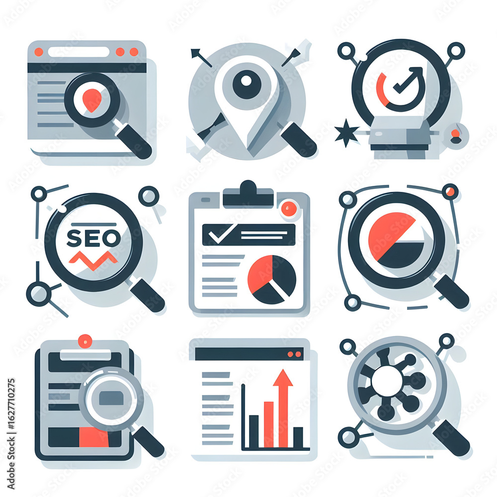 Aufkleber set of flat design icons for seo, data analysis, and digital marketing strategy. vector illustration