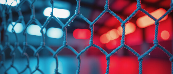 Handball Goal Net Close-Up &ndash; Blue And Red Illuminated Stadium Mesh With Bokeh Lights for Sports Betting Advertisements, Athletic Competitions, and Game Night Promotions