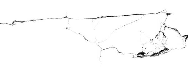 One thick crack with damaged concrete on the wall with transparent background macro