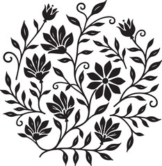 Elegant black floral design with leaves and swirling vines