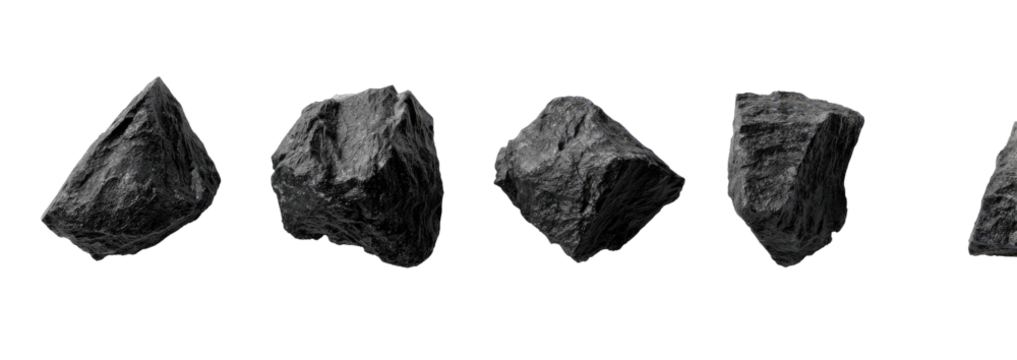 Five dark gray, textured rocks, various shapes