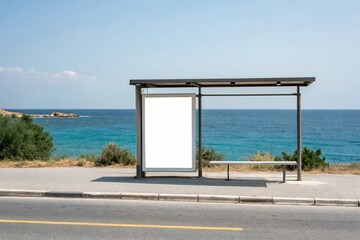 Minimalist coastal bus stop with blank billboard under sunny blue sky. Seaside landscape features ocean, sand, road, and modern structure for travel, tourism, and advertising themes.



