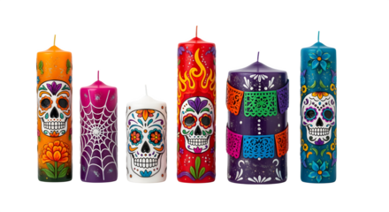 Dia de los Muertos decorated candle set, isolated on white background