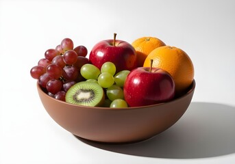 A bowl filled with fresh fruits including apples, oranges, grapes and kiwis. A concept of healthy lifestyle and fruit salad recipe.