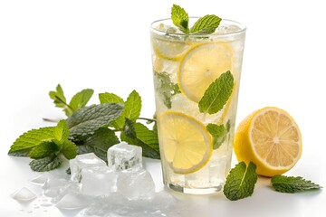 Fototapeta premium Refreshment with Lemon, Mint and Ice on White