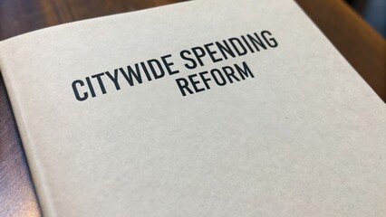 city+budget+meeting A document titled "Citywide Spending Reform" on a textured cover.