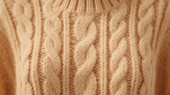 Nahaufnahme handgestrickter cremefarbener Wollpullover, Zopfmuster