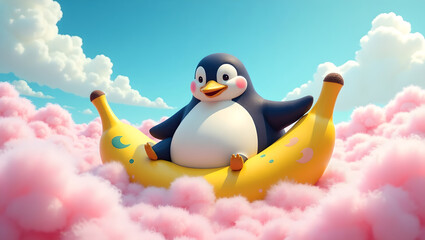Naklejka premium Happy Penguin on Banana Boat Among Pink Clouds