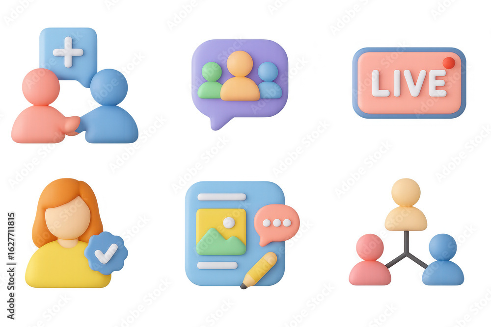Poster 3d social media icons set with networking and communication symbols