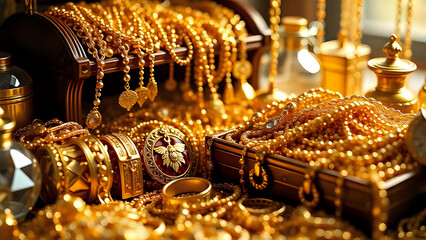 A close-up of a treasure chest filled with an abundance of shiny gold jewelry and pearls.